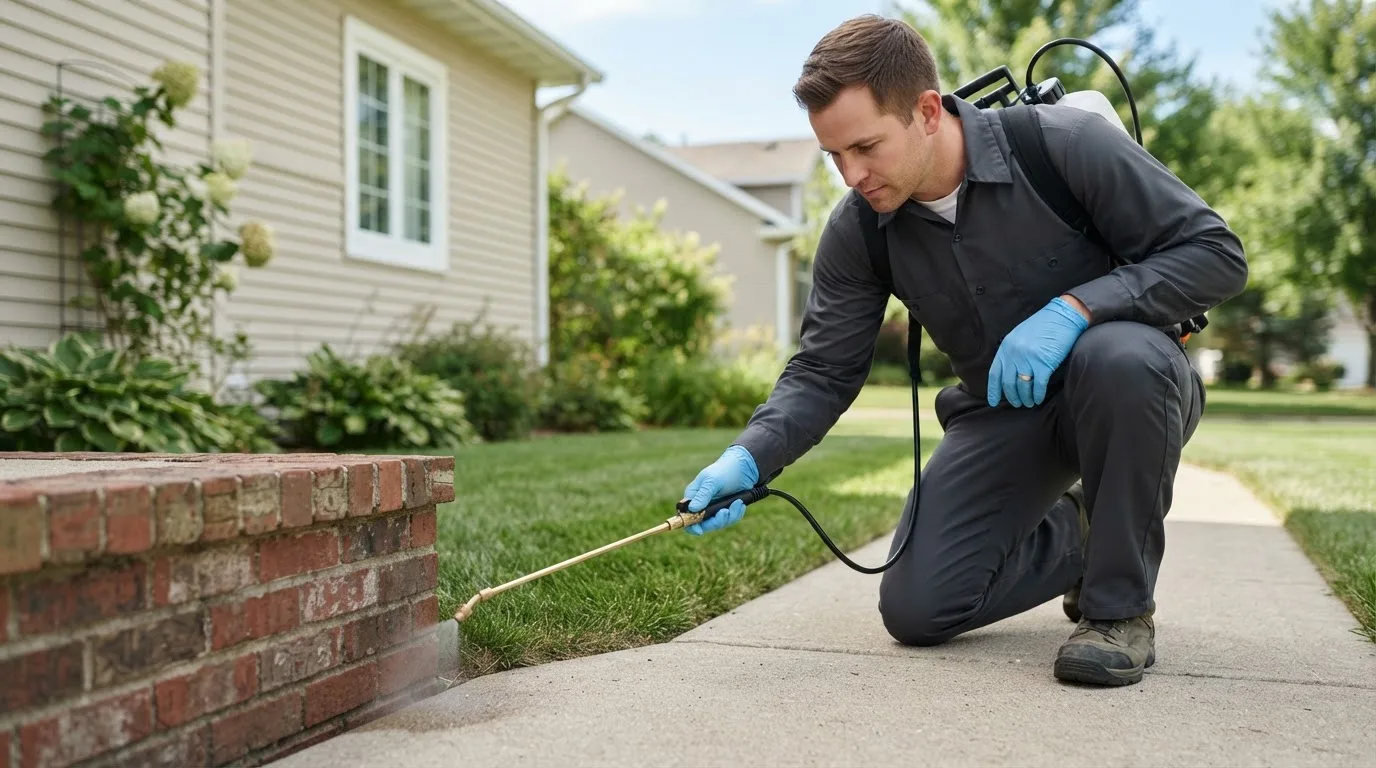 Pest control technician treating a home near North Branford, CT