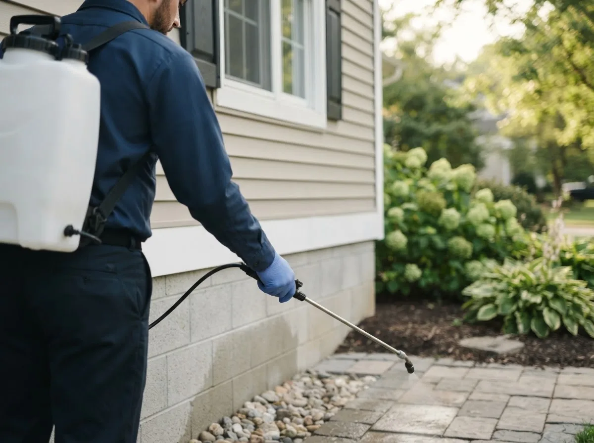 Pest control technician inspecting a home in North Branford, CT